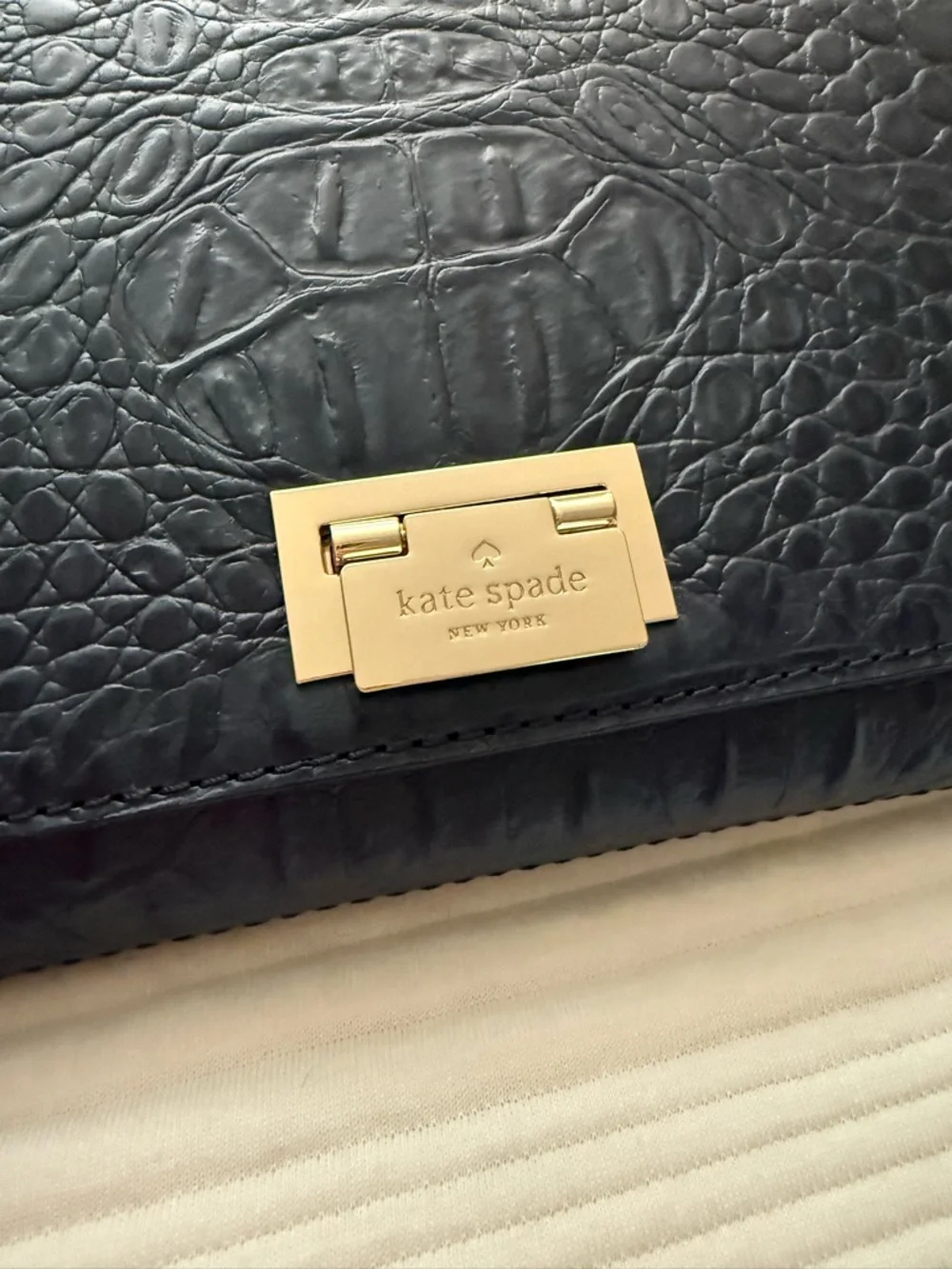 New kate spade Croc-Embossed Leather Flap Clutch with Gold Hardware